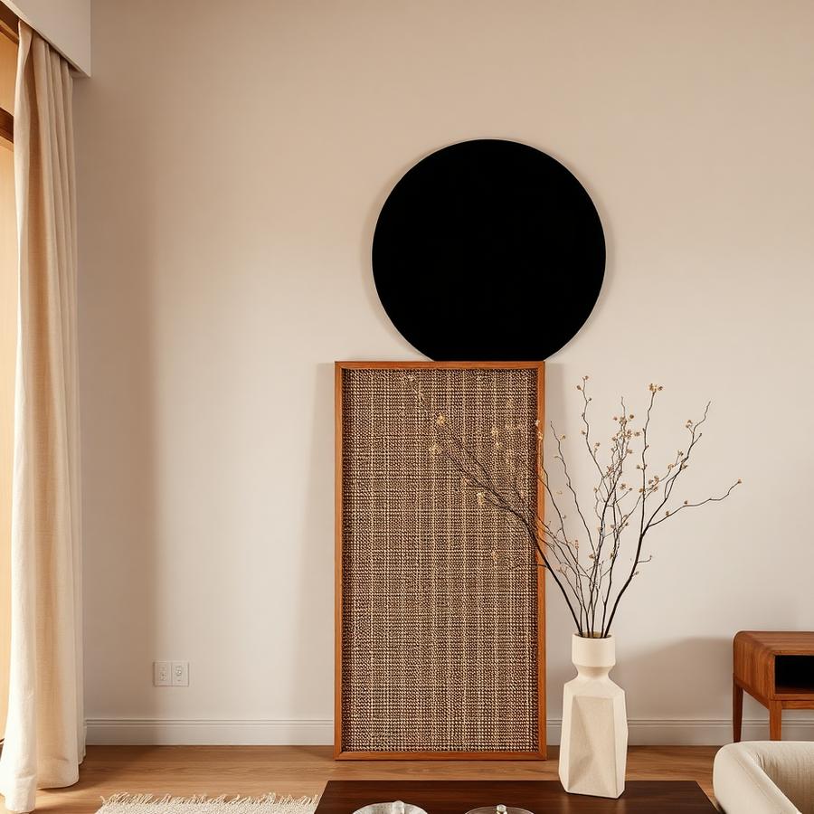 Minimal plaster wall with woven screen and dried branches