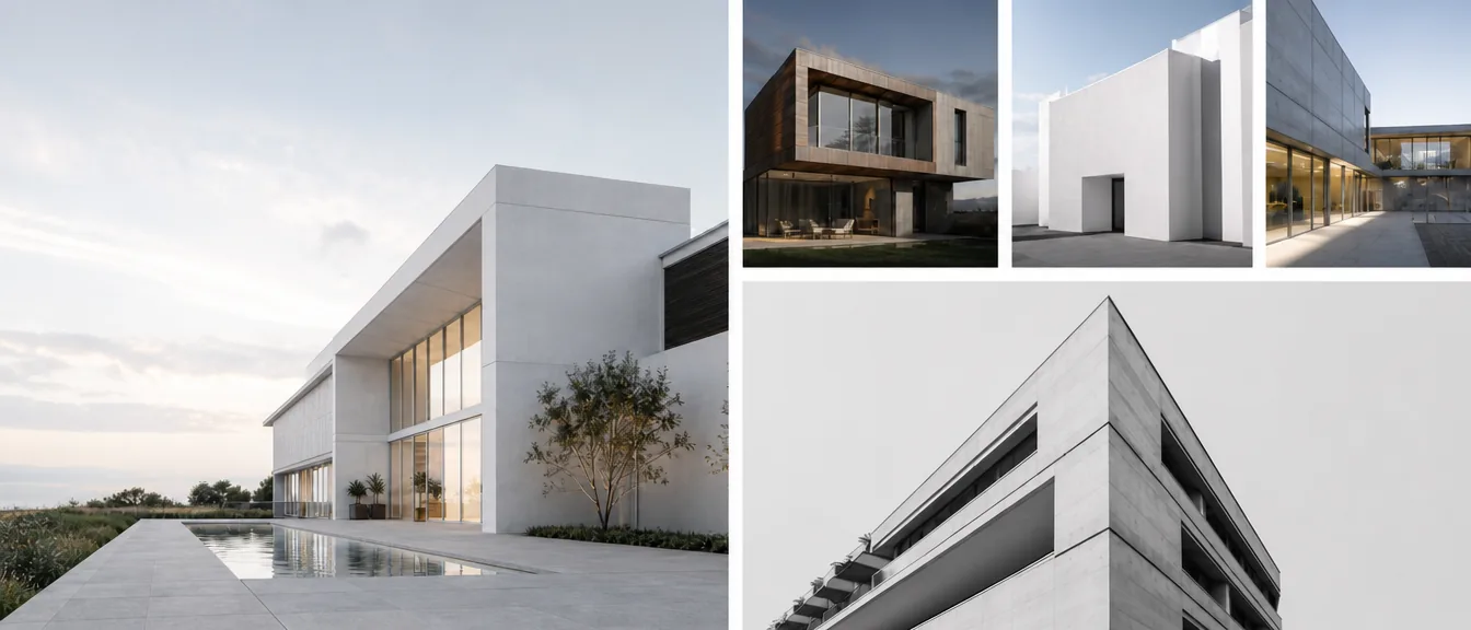 Four studies from the studio archive: a coastal villa, a timber house, a white courtyard and a facade detail
